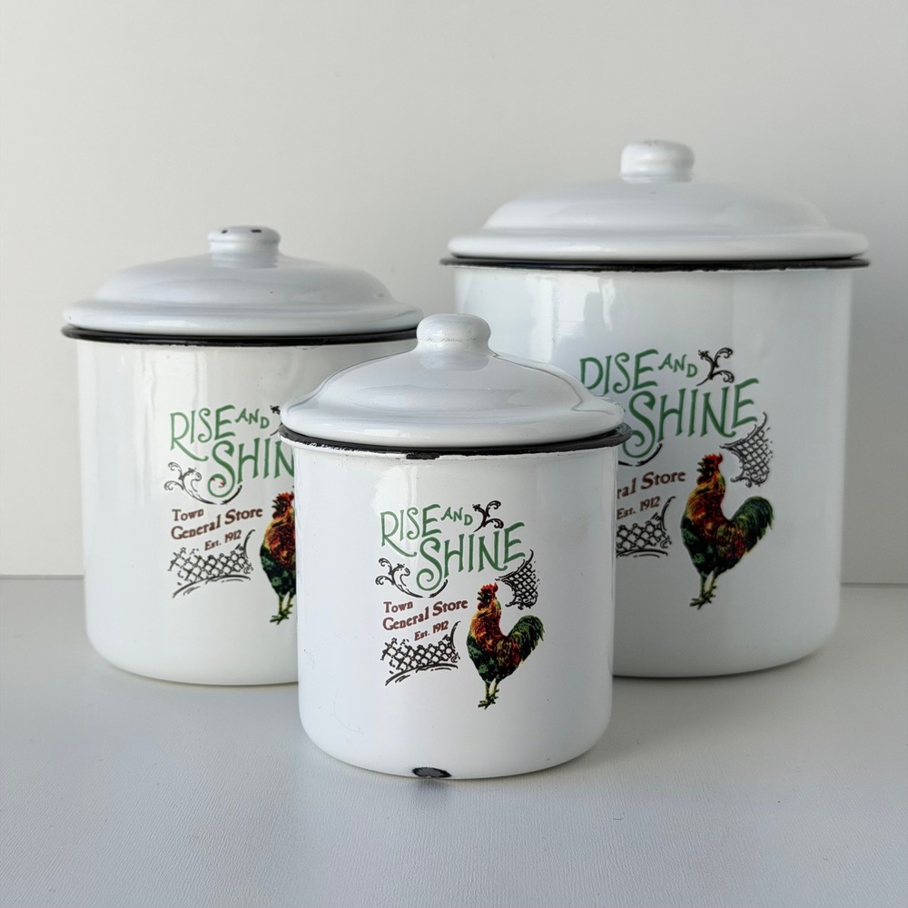 Vintage Rise and Shine Rooster Nesting Enamel Canister 3pc Set Farmhouse